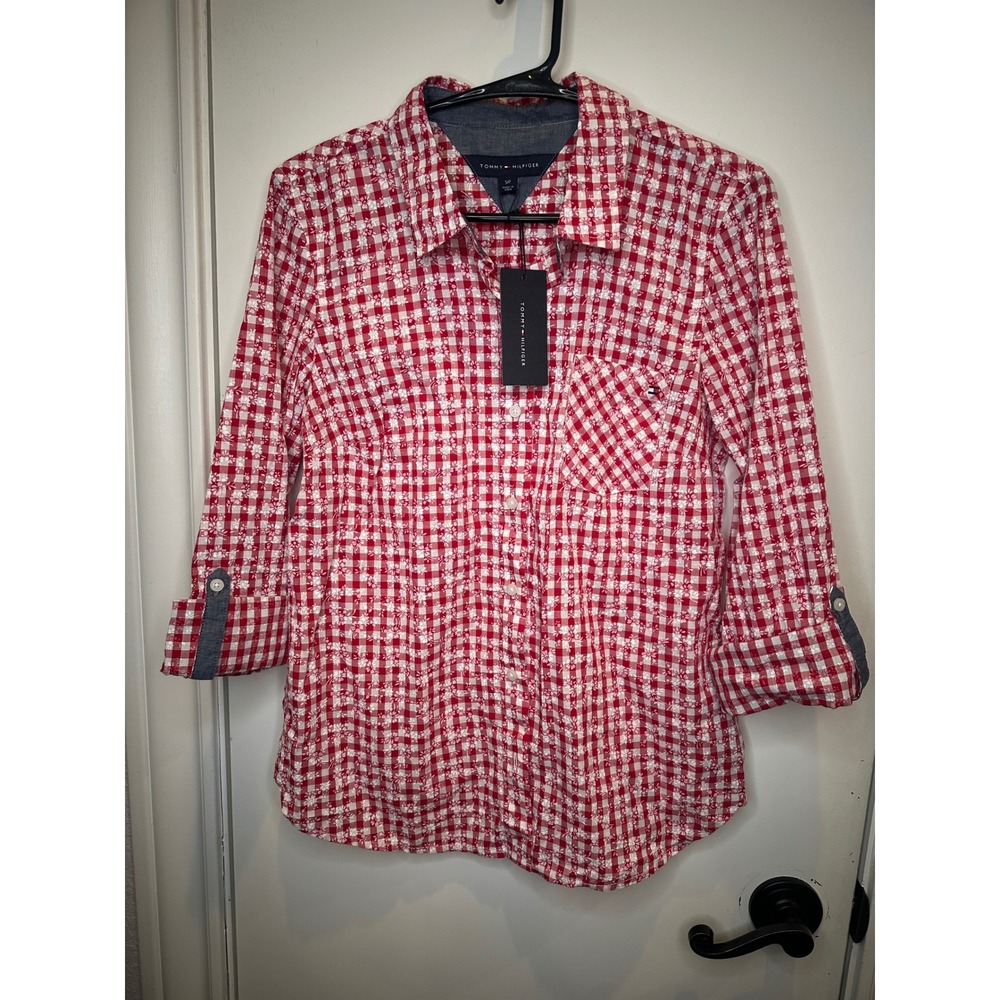 Tommy Hilfiger Womens Red Gingham Floral Button Down Shirt 3/4 Sleeve Size S NWT